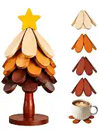 Wooden Christmas Tree Trivet Set of 5 with Stand, Foldable Heat Resistant Trivets for Hot Pots, Pans & Dishes, Kitchen Table Countertop Protector, Decorative Holiday Home Decor & Housewarming Gift