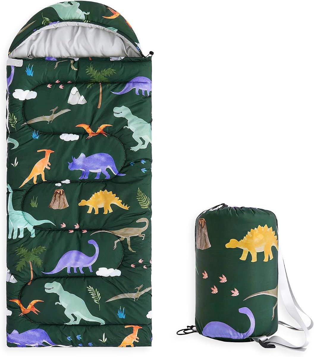 Kids Sleeping Bag for Boys Camping, Dinosaur | Backpacking Lightweight Compact Outdoor Liner, 3 Seasons for Warm Cold Weather, Watercolor Dinosaurs