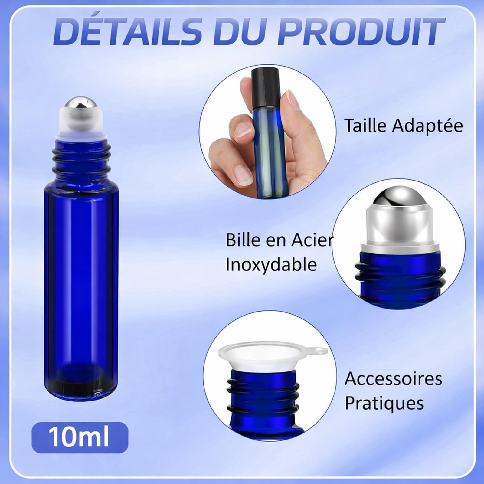 Lot de 50 Flacon Roll On Vide 10ml pour Huiles Essentielles – Flacons en Verre Roller avec Bille en Acier Inoxydable, Rechargeables et Vides pour Parfums, Aromathérapie, Massage, Voyage (Bleu)