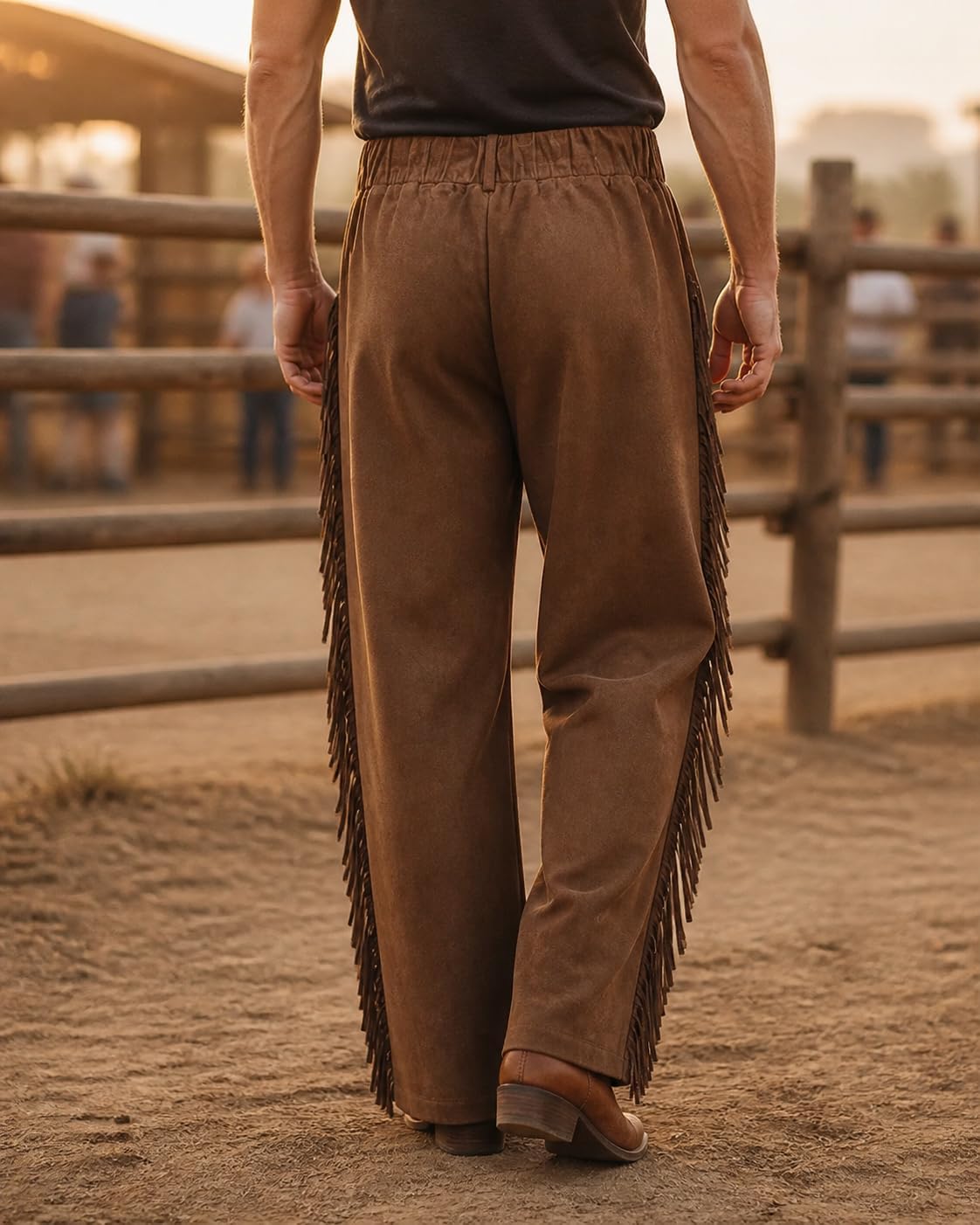 Men's Western Fringe Pants, Brown Wide Leg Retro Casual Cowboy Trousers