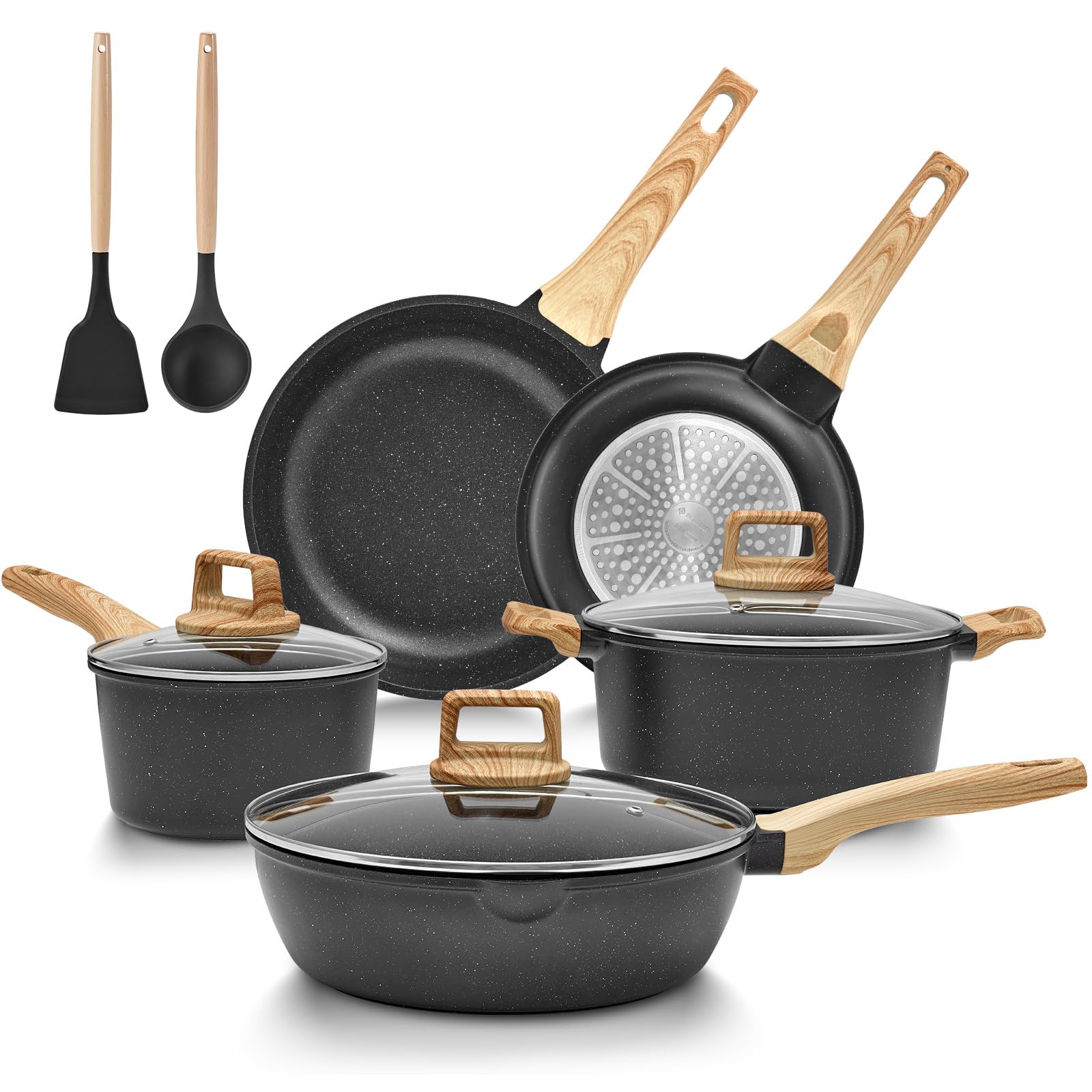 BLAZANT Juego de sartenes de inducción de 10 piezas, juego de ollas y sartenes antiadherentes, juegos de utensilios de cocina con tapas, juego de sartenes de cocina, juego de ollas para todas las