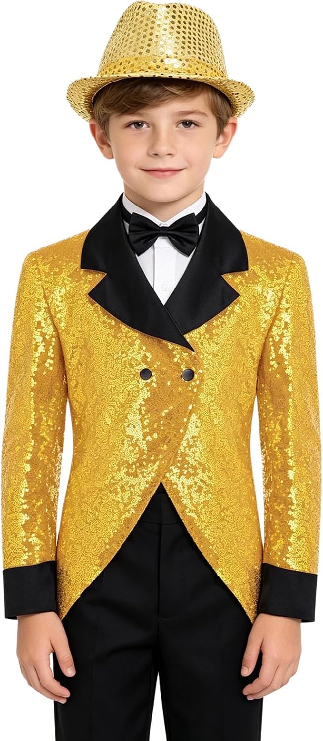 YiZYiF Kids Circus Magic Shows Dancing Coat Glitter Suit Jacket Gentlemen Tuxedo Tailcoat Blazer with Hat