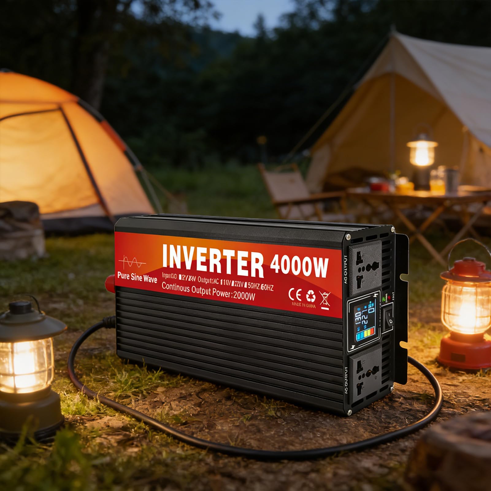 Inversor de Corriente para Coche de 2000W, 12V/24V/48V/60V/72V CC a 110V/230V CA, Inversor de Onda Sinusoidal Pura, Potencia de Sobretensión de 4000W, con Tomas de CA para Ry, Camión(Size:12V to 230V)