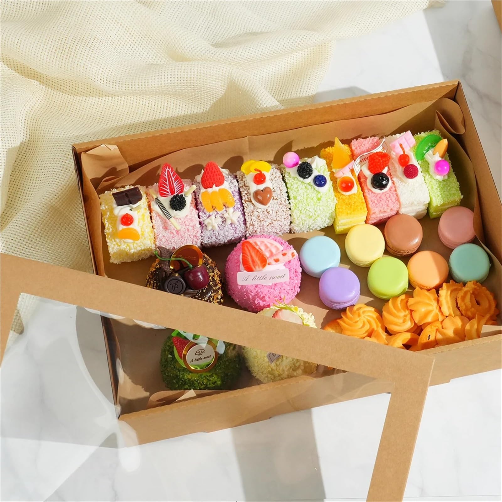 Caja Tarta de Cartón Con Ventana Transparente Cajas de papel Kraft marrón con ventana, caja cartón for comida pícnic al aire libre, Donuts, 2-4 Uds(L 45X31X8cm,2pcs)