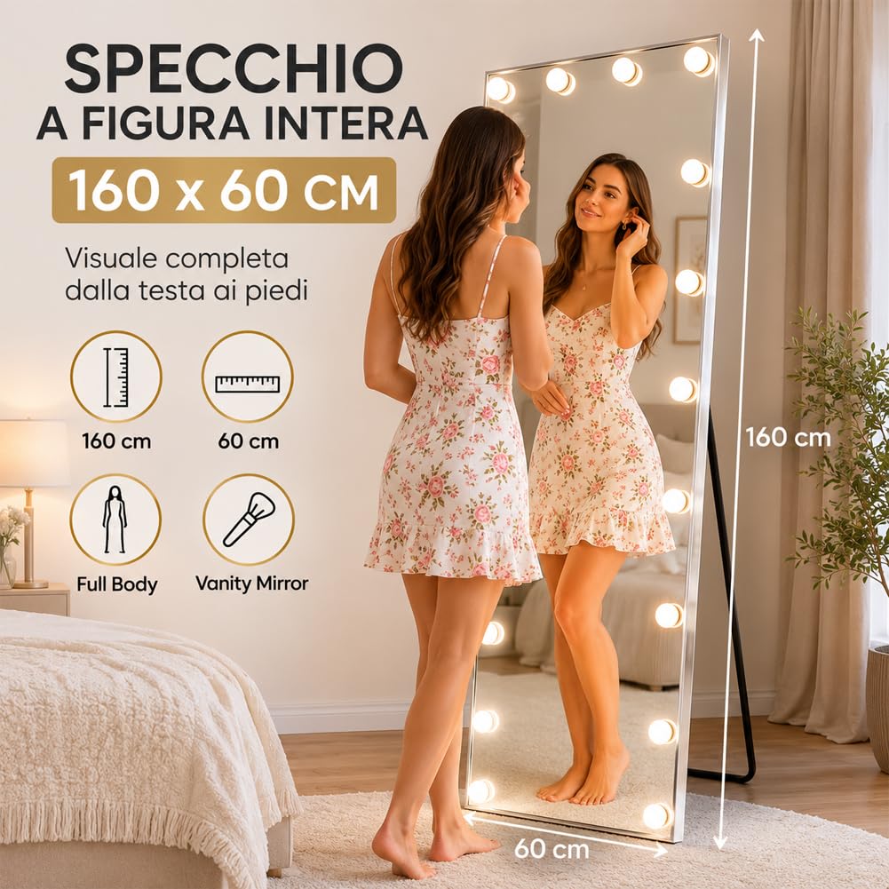 Shally Dogan Specchio XXL Hollywood Figura Intera Indipendente con Struttura in Alluminio con Led Bulbi a 3 Colori Dimmerabile, Bianco Caldo, Freddo e Neutro, Decorazione Interna 60 x 160 cm