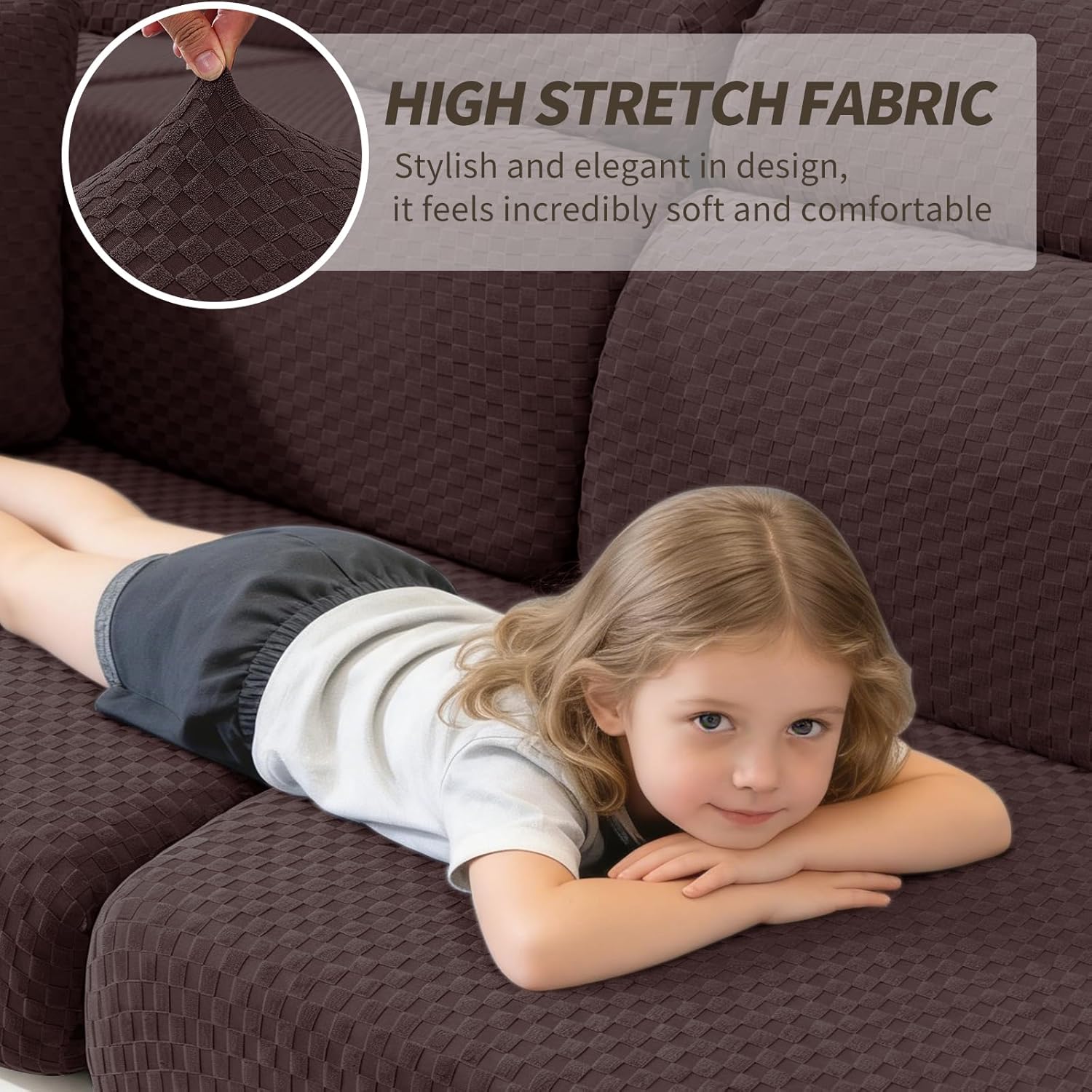 YEMYHOM Couch Cushion Covers for Sofa, Stretch Sectional Couch Seat Cushion Covers Washable Thick Furniture Protector Sofa Slipcovers for Pets (2 Seater + 1 Chaise, Dark Coffee)