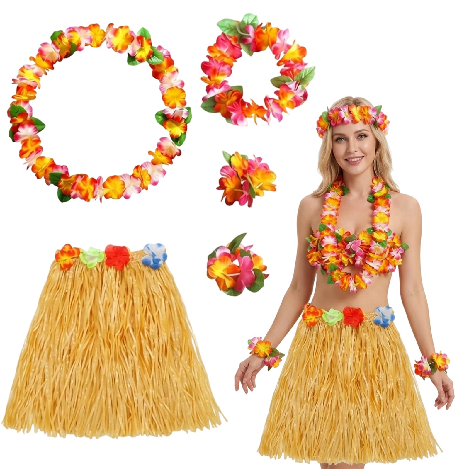 Hawaiian Fancy Dress, 5-Piece Hawaiian Garlands and Bracelets, Grass Skirt and Flower Costume Set, Hawaiian Outfits for Women, Ideal for Tropical Theme Events and Beach Parties