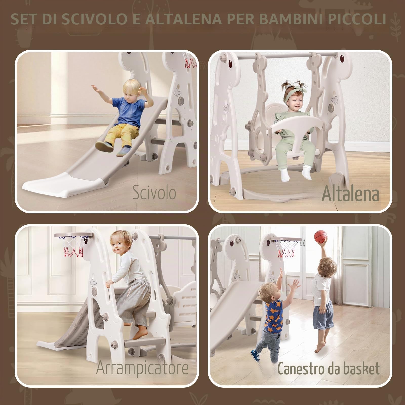 Set di scivoli per bambini piccoli, scivolo per bambini da interno con arrampicata, set di gioco autoportante con canestro da basket e altalena regolabile in altezza (grigio)