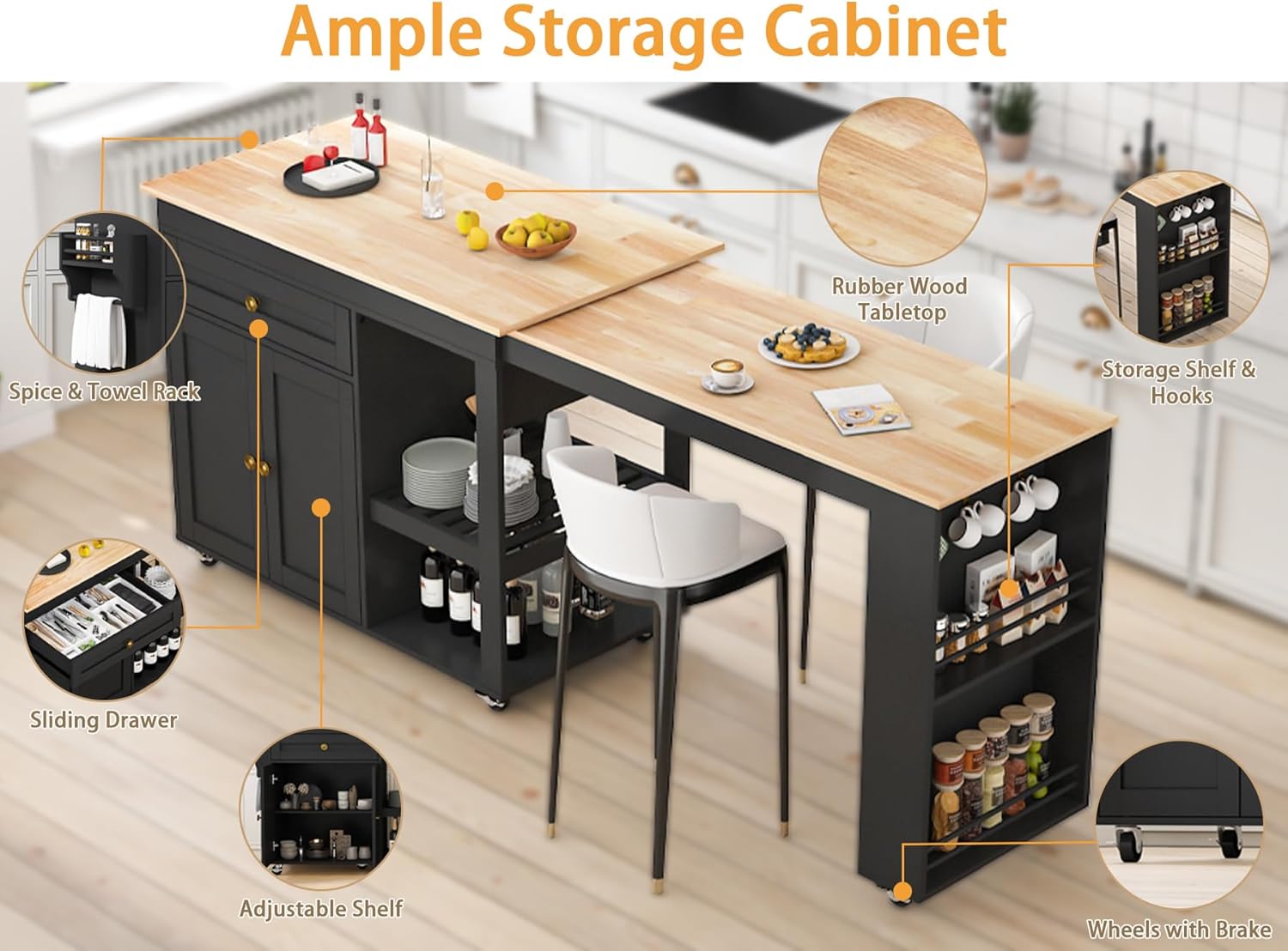 JassmiPkwy 78'' Rolling Kitchen Island with Extendable Dining Table for 4, Kitchen Islands w/Pull Out Table on Wheels, Drawer, 2-Tier Storage Shelf, Black