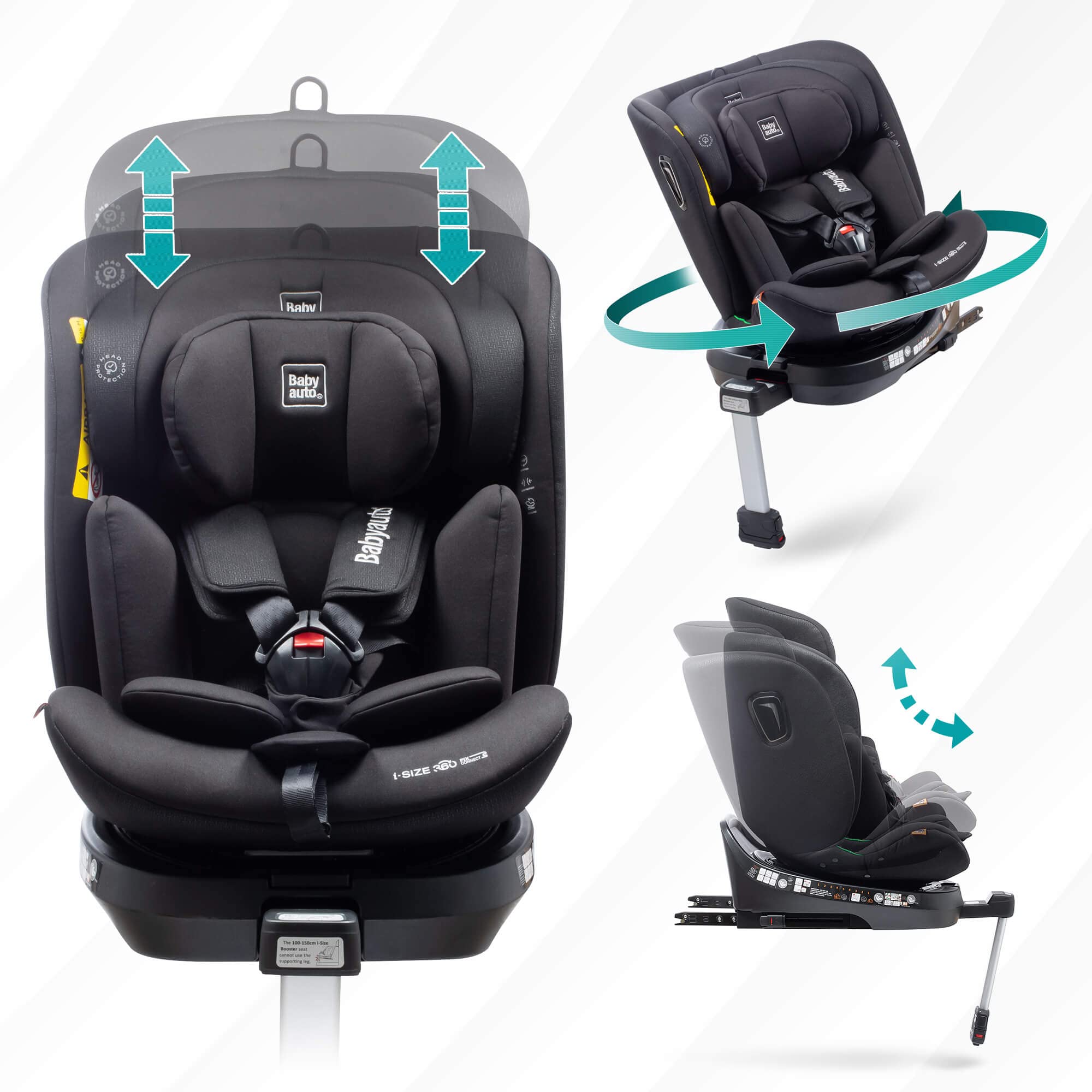 BABYAUTO - Aitana Baby Autositz 360° Drehbar ISOFIX mit Stützfuß - Kinder Autositz Gruppe 0+/1/2/3 (0-36 kg/0-12 Jahre) Autositz mit iSize - 5-Punkt-Sicherheitsgurt - Schwarz
