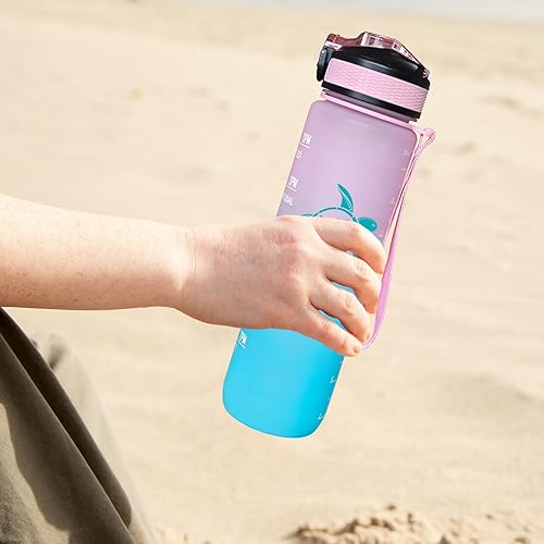 Miniatura 8 de Sea Turtle - Botella de agua con pajilla, a prueba de fugas, correa de transporte, sin BPA, botella de agua deportiva motivacional de 32 onzas