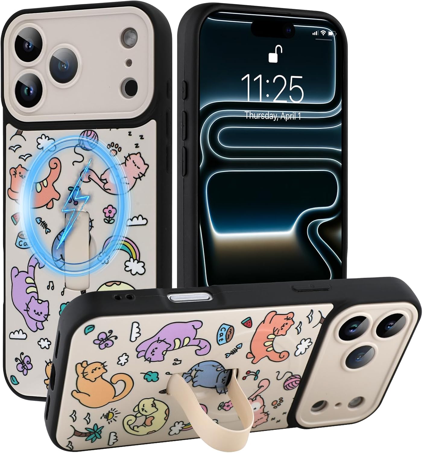 SOKAD Magnetic Checkered Case for iPhone 17 Pro Max with Finger Strap Kickstand, Compatible with Magsafe, Cute Checkerboard Designed for Women Men, Full Camera Protection Cover, Black