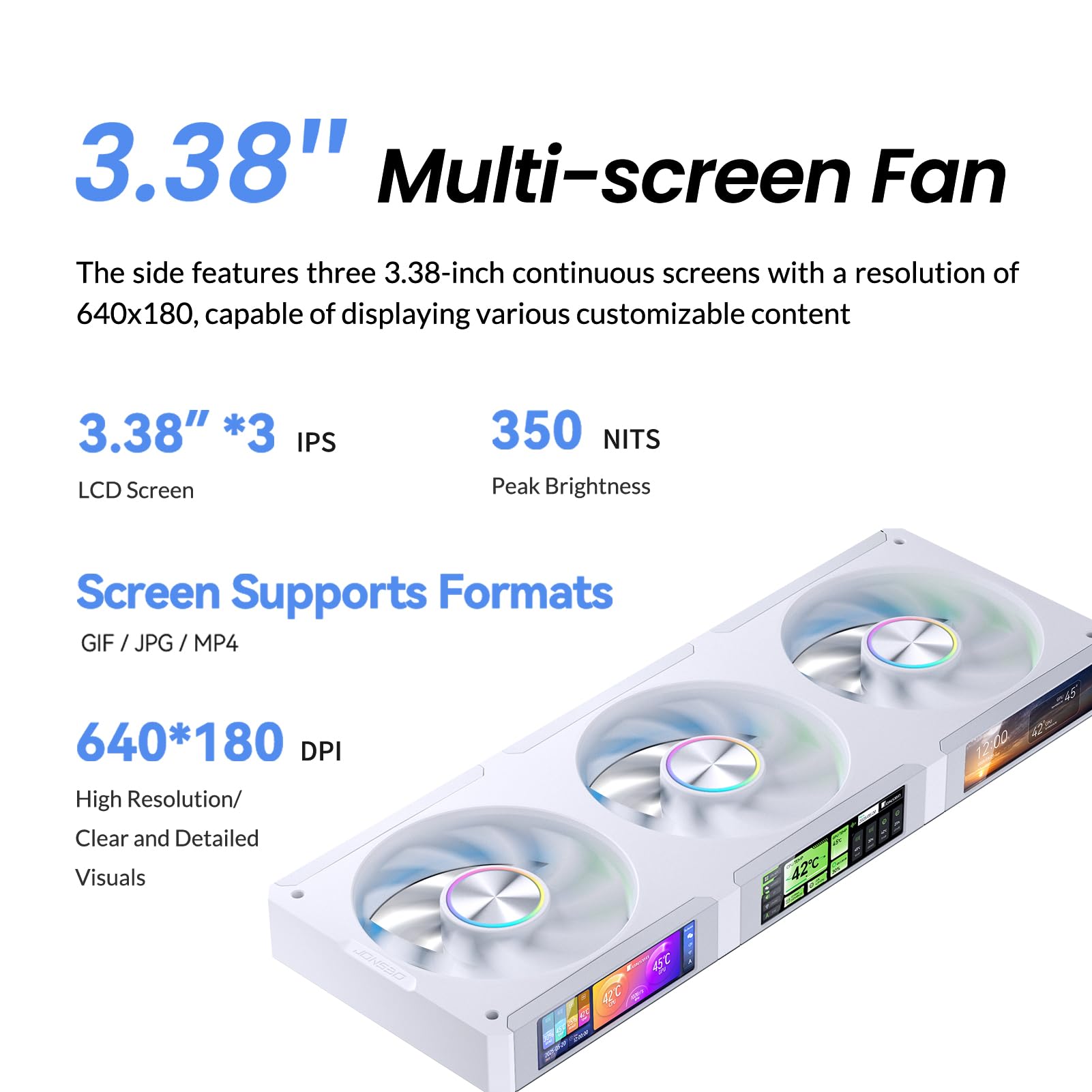 JONSBO ZC-360W 3.38 "x3 schermo PC ventilatore,3 magnetico 3.38 LCD Screen Control Software,Integrato Link Fan,Personalizza modelli di visualizzazione,Dati, Video Caricamento e Riproduzione,Schermo