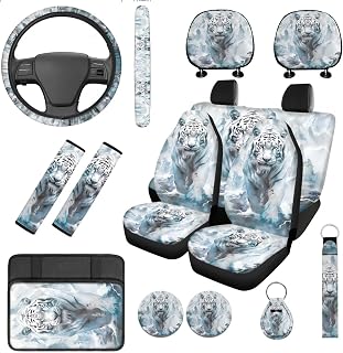 White Tiger Car Seat Covers with Steering Wheel Cover