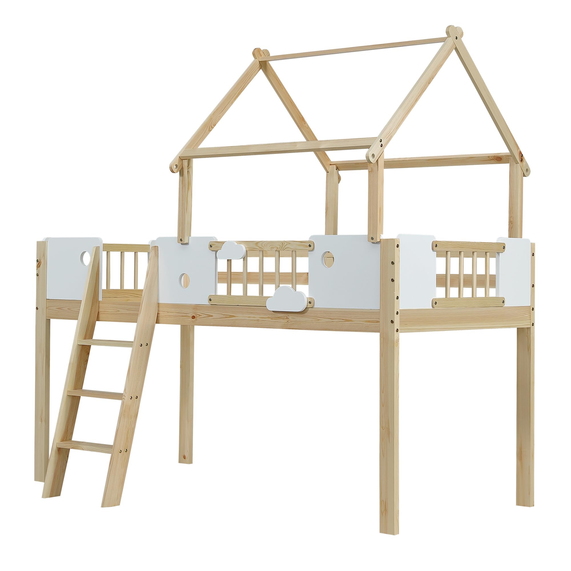 Sapgaks Lit Mezzanine Enfant,Toit au Design Unique, avec échelle inclinée à Trois marches,lit Enfant 90x200cm avec Protection antichute et barrières, Cadre en pin,lit cabane Enfants,(Blanc+Naturel-1)