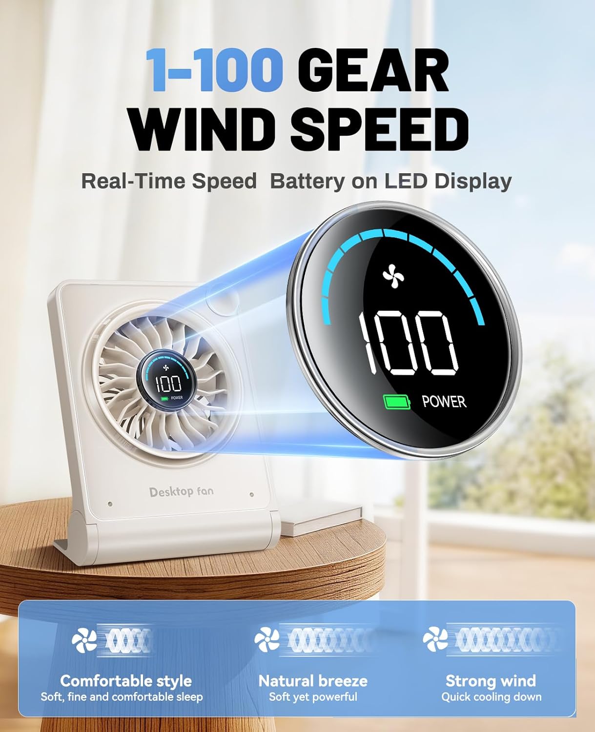 Small Desk Fan, Quiet Portable Table Fan with 100 Speeds, 12 Hrs Cooling, Strong Airflow, Digital Display, 180° Adjustable, Rechargeable Desktop Fan for Bedroom Office Cruise Travel, White