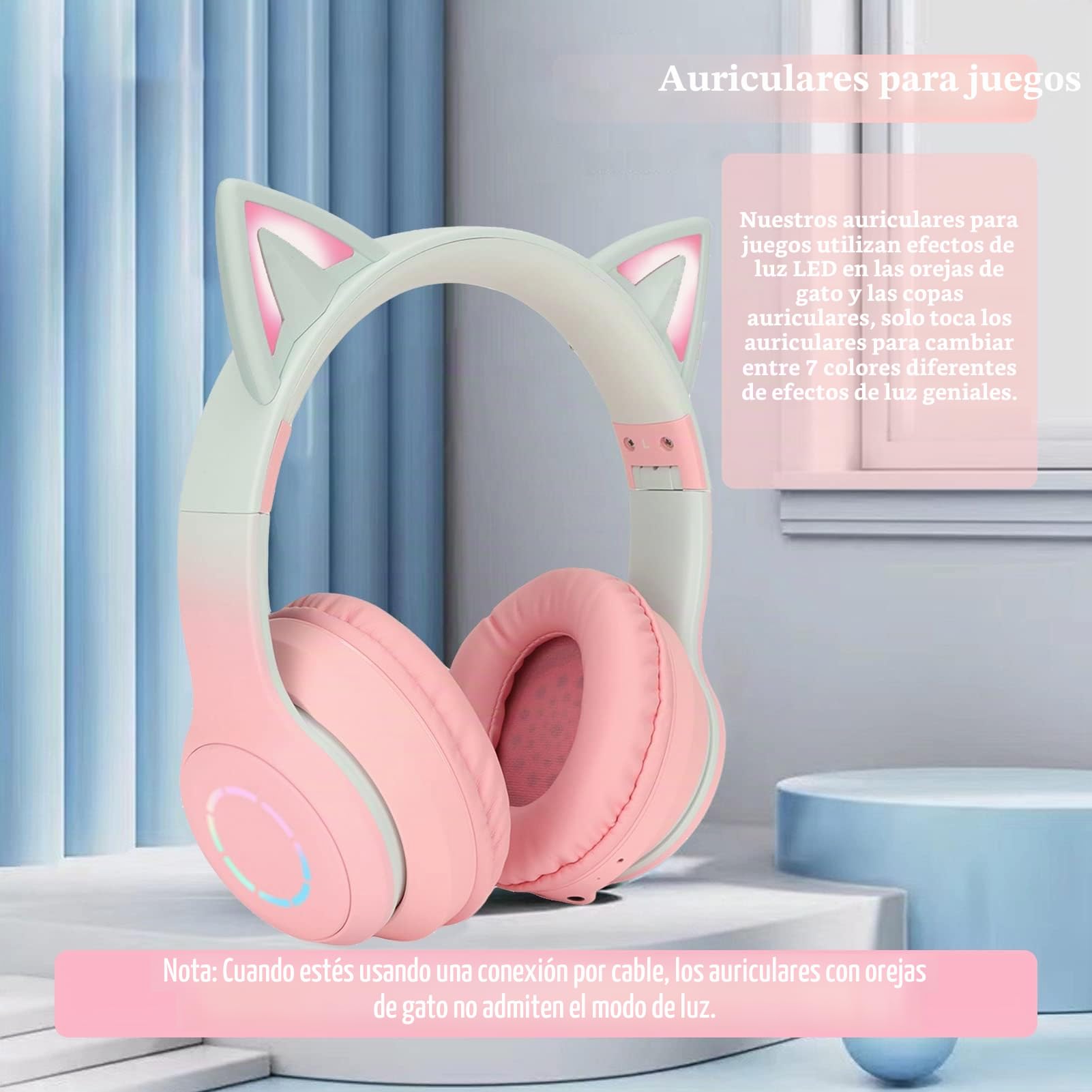 Gugxiom Auriculares Cat Ear, Auriculares Inalámbricos para Juegos A Través De Bluetooth 5.1/3.5mm AUX Cable, Auriculares Plegables con Luces LED De 7 Colores Y 4 Modos LED para Niñas, Adultos(Rosado)