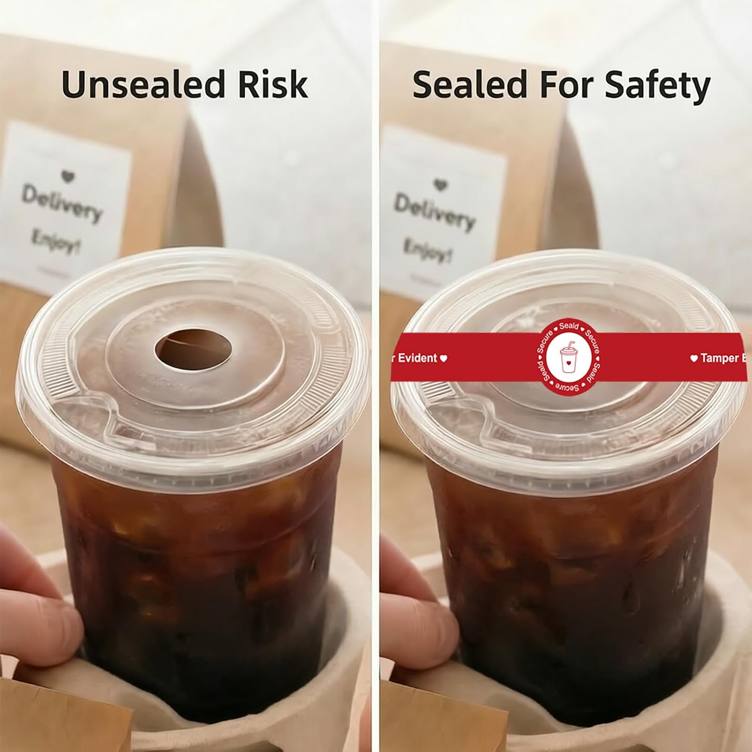 Safe Secure Tamper Evident Seals Stickers， Tamper Evident Seals for Drink Lids， 500 Pcs 1x 9 inches Applicable to Ice Cream Coffee Drink Food （Black）
