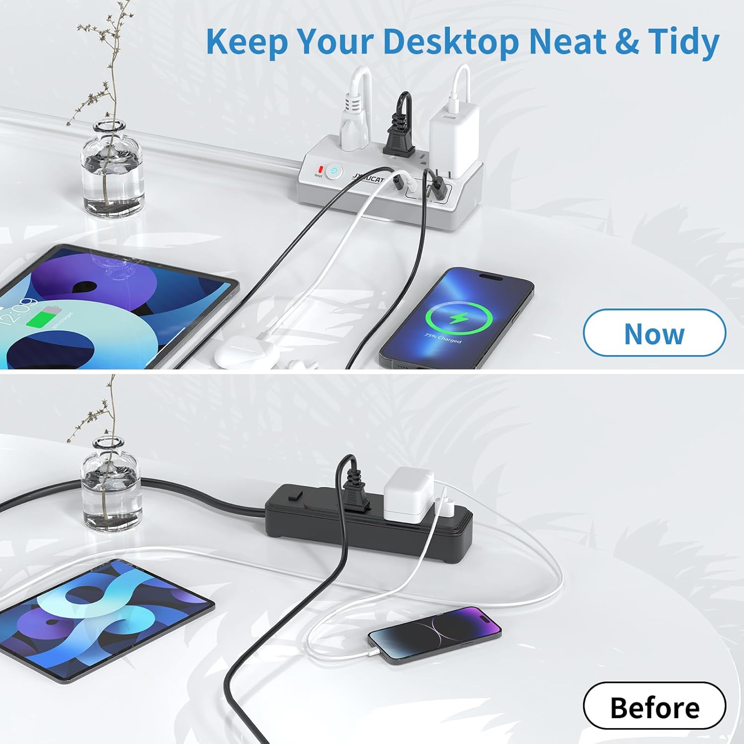 Desk Clamp Power Strip 10FT with PD 20W Fast Charging USB C, JXGUCAT Desk Mount Power Strip Surge Protector, Removable Extension Cord with 4 Outlets 4 USB Ports, Fit 1.8" Tabletop Edge, White