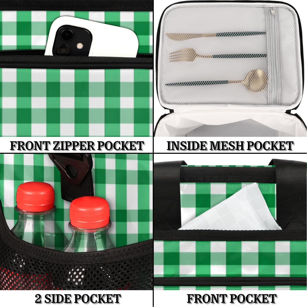 Gingham Check Insulated Picnic Backpack Lunch Box for Women Men Picnic Basket Tote Lunch Bag Picnic Bag Portable Lunch Bags for Picnic, Beach, Work, Trip,Office, Camp Green Picnic Plaid