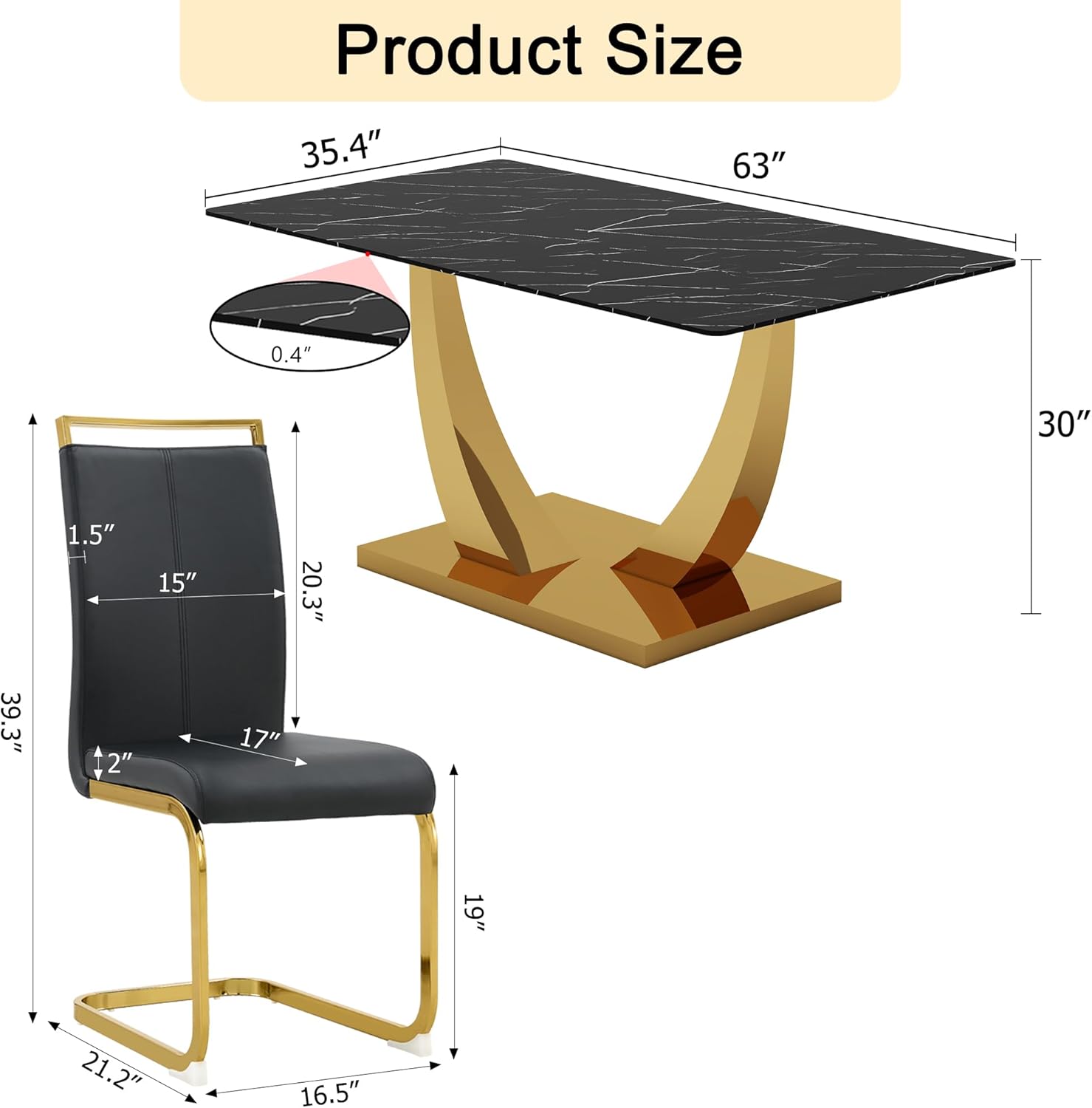 63” Dining Table Set for 4,Modern Gold Dining Room Table Set for 4, Faux Marble Kitchen Table Set with PU Leather Chairs,Black Dinner Table Set with Tempered Glass Top and Gold Base