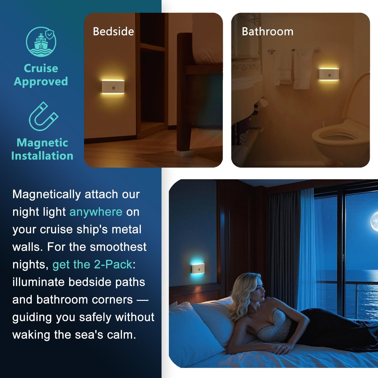 2-Pack Motion Sensor Night Light – Cruise Approved, Magnetic & Rechargeable with USB, RGB Color-Changing Modes, LED Auto Nightlight for Cabin, Bathroom, Hallway, Bed or Stairs (Indoor Travel Use)