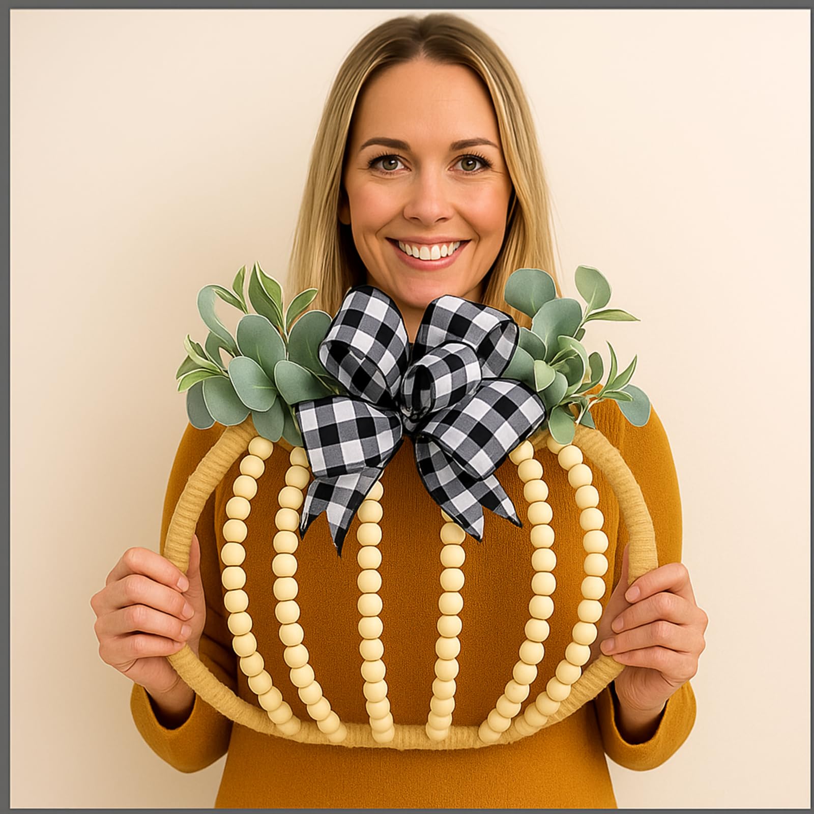 Leinuosen Couronne de perles en bois d'automne de 40,6 cm, couronne de citrouille avec nœud et feuilles en bois naturel bohème à suspendre pour porte, mur, décoration de Thanksgiving pour maison