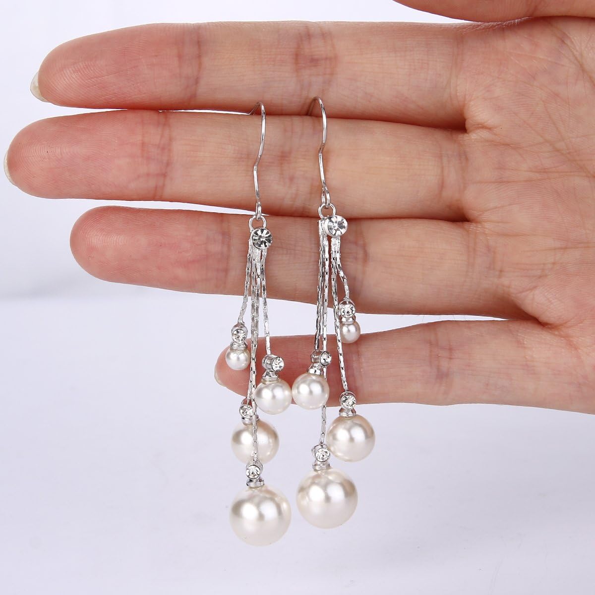 EleQueen Women's Silver-tone Crystal Simulated Pearl 4 Chain Bridal Long Dangle Hook Earrings Ivory Color - Image 5
