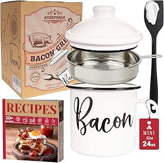 Bacon Grease Container with Strainer - With Food-Grade Silicone Spatula, 24oz Enamel Rustic Farmhouse Fat Container, Keeper, Recipes, Dishwasher Safe