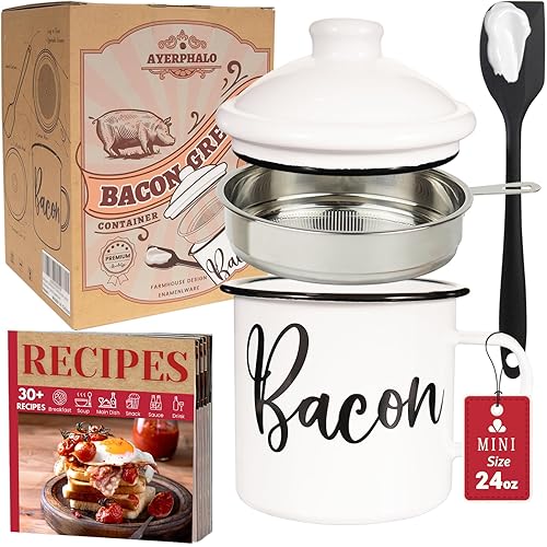 Bacon Grease Container with Strainer - With Food-Grade Silicone Spatula,