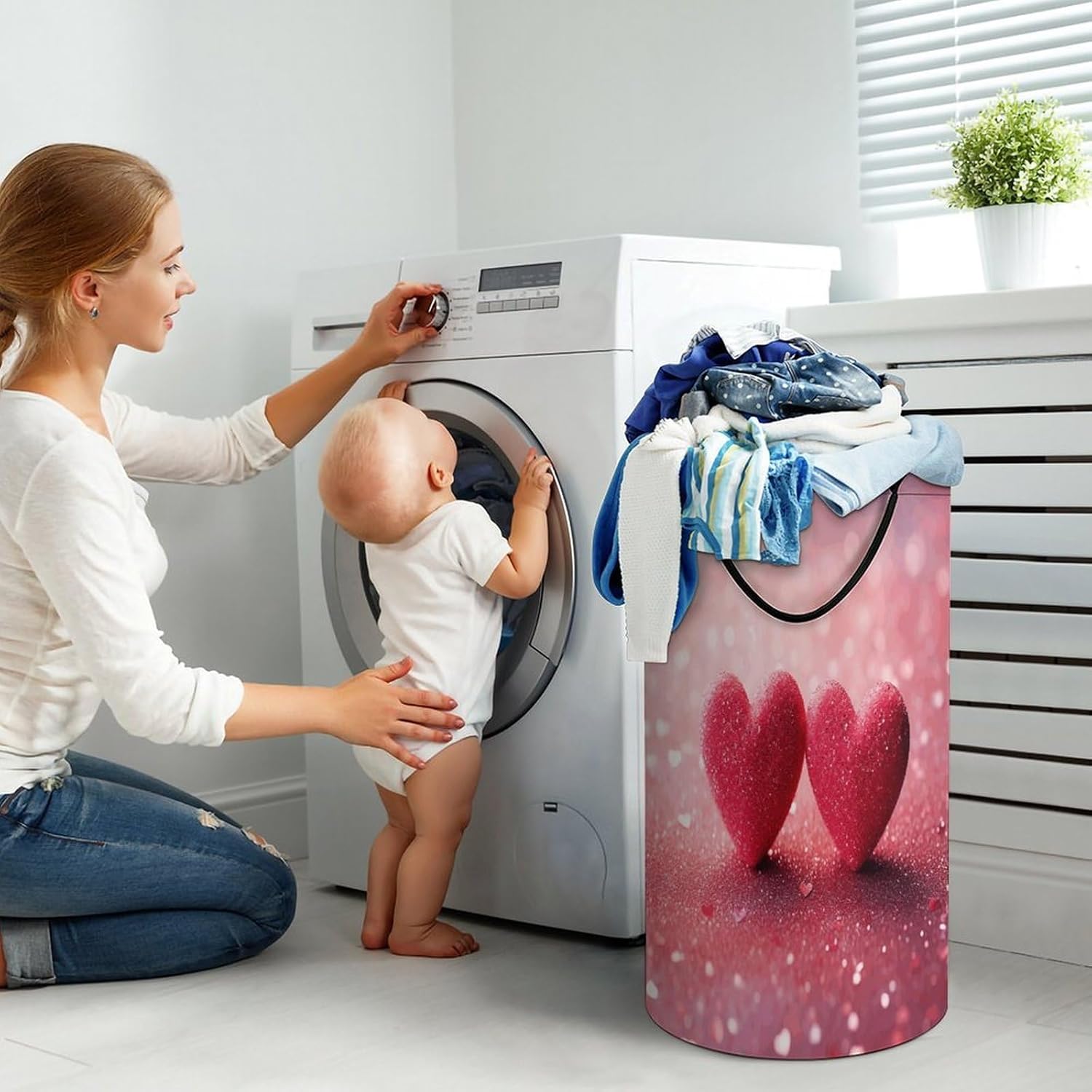 Red Heart Pink GlitterLaundry Hamper - Large Dirty Clothes Bag.Storage Basket for Easy Carry Handles. Large Clothes Basket with Handles, Clothing Storage Bucket Toy Organizer for Bathroom Bedroom Dor