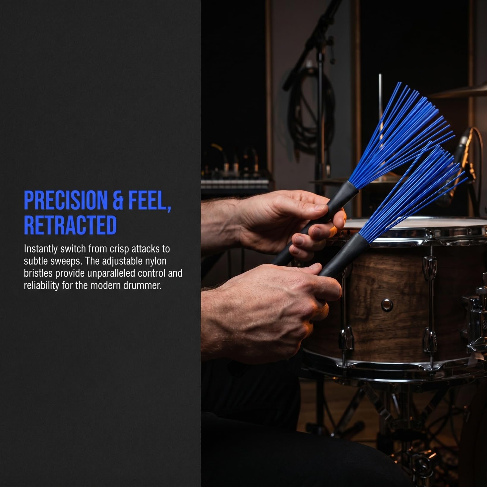 rosenice Cepillos retráctiles de nailon para percusión de jazz y rock con asas telescópicas, par de baquetas azules para tocar cómodamente y fácil almacenamiento