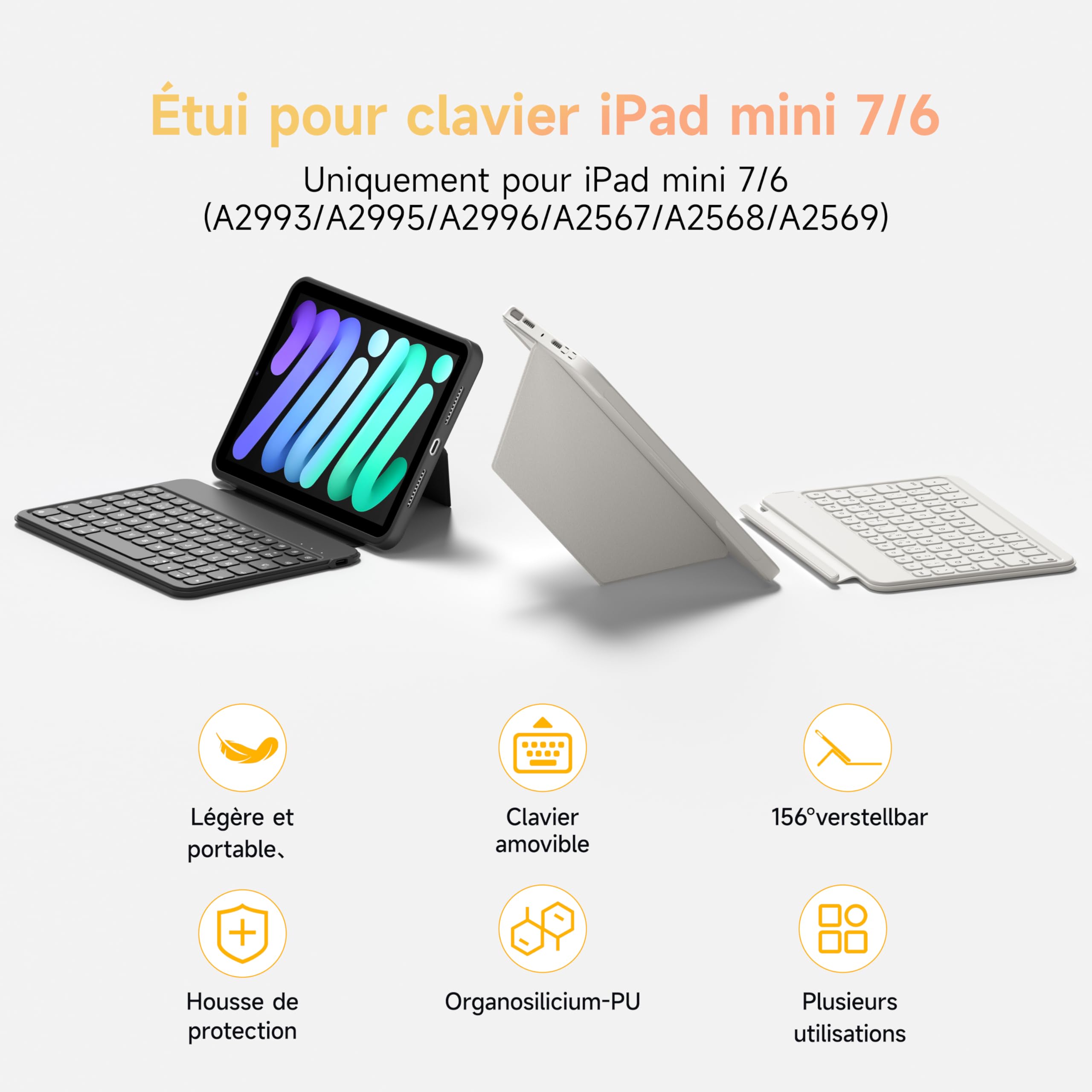 HOU Étui Clavier pour iPad Mini 7e/6e génération, 8,3 Pouces, Folio Bluetooth, Clavier Magnétique Amovible à 150 Degrés, Résistant aux Rayures et aux Chocs, Charge USB-C
