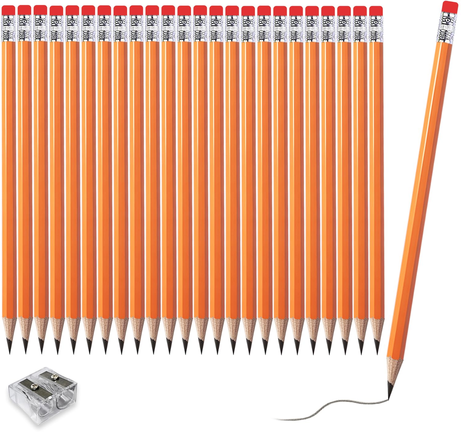 Adhere Wood-Cased pencils Pre-Sharpened 2B Pencils with Eraser, 25-Pack with free Sharpener ideal for home, office, or classroom writing (Orange)