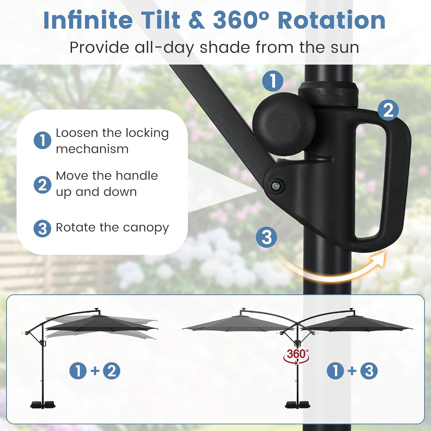 Tangkula 10 FT Solar Patio Umbrella with Base Included, Cantilever Offset Hanging Outdoor Umbrella with 96 Multi-Colored Flowing LED Lights, 9 Modes, Tilt Adjustment, 360° Rotation, Crank for Pool Yard Deck Lawn (Gray)