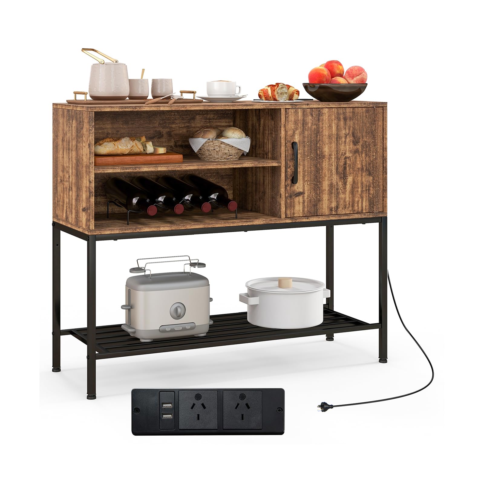 GIANTEX Credenza Cucina, Mobile portaoggetti con armadietto per vino, ripiano inferiore, armadio portaoggetti con telaio in metallo con 2 ripiani aperti per sala da pranzo, ingresso 100 x 35 x 83 cm