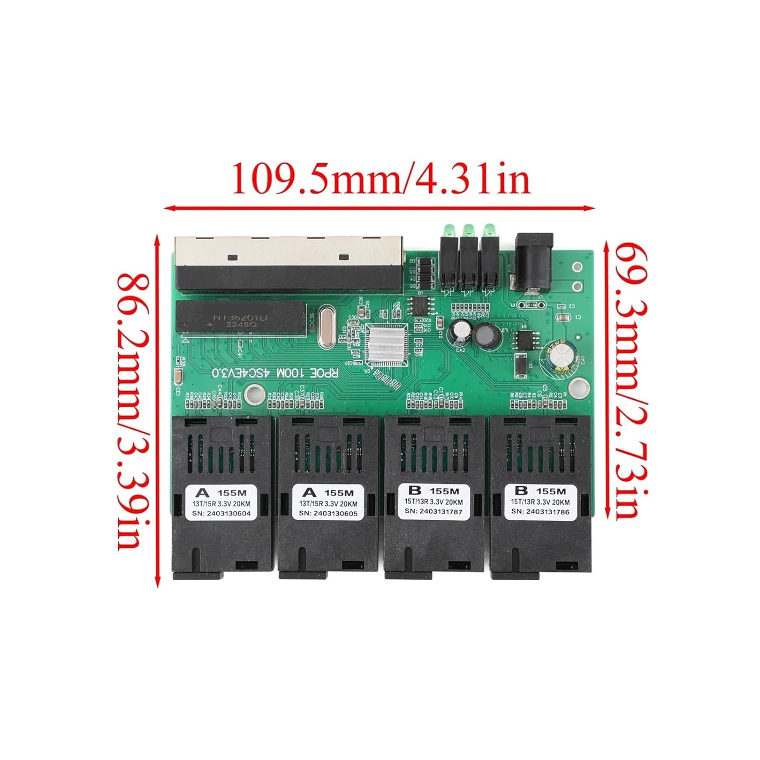 10M/100M Fiber Optic Media Converter (PCBA) with 4 RJ45 to 4 SC Ports, 2A+2B 1310nm/1550nm Ports, 20KM POE Switch