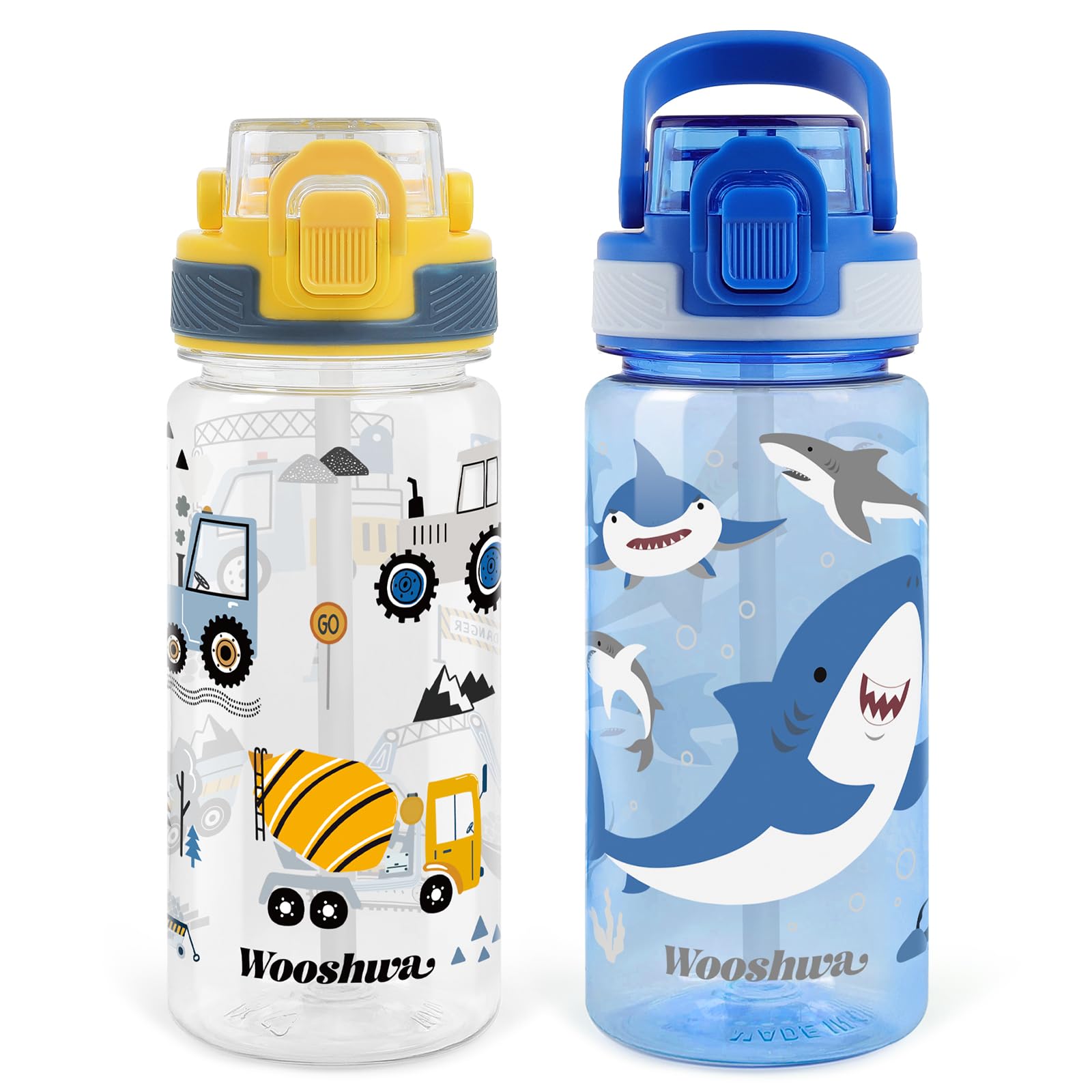 omedecal 2Pcs Kids Water Bottles, 480ml BPA Free Water Bottle with Straw and Handle, Childrens Sports Drinks Bottle, Personalised Cup for Boys Girls, School (Excavator+Shark)