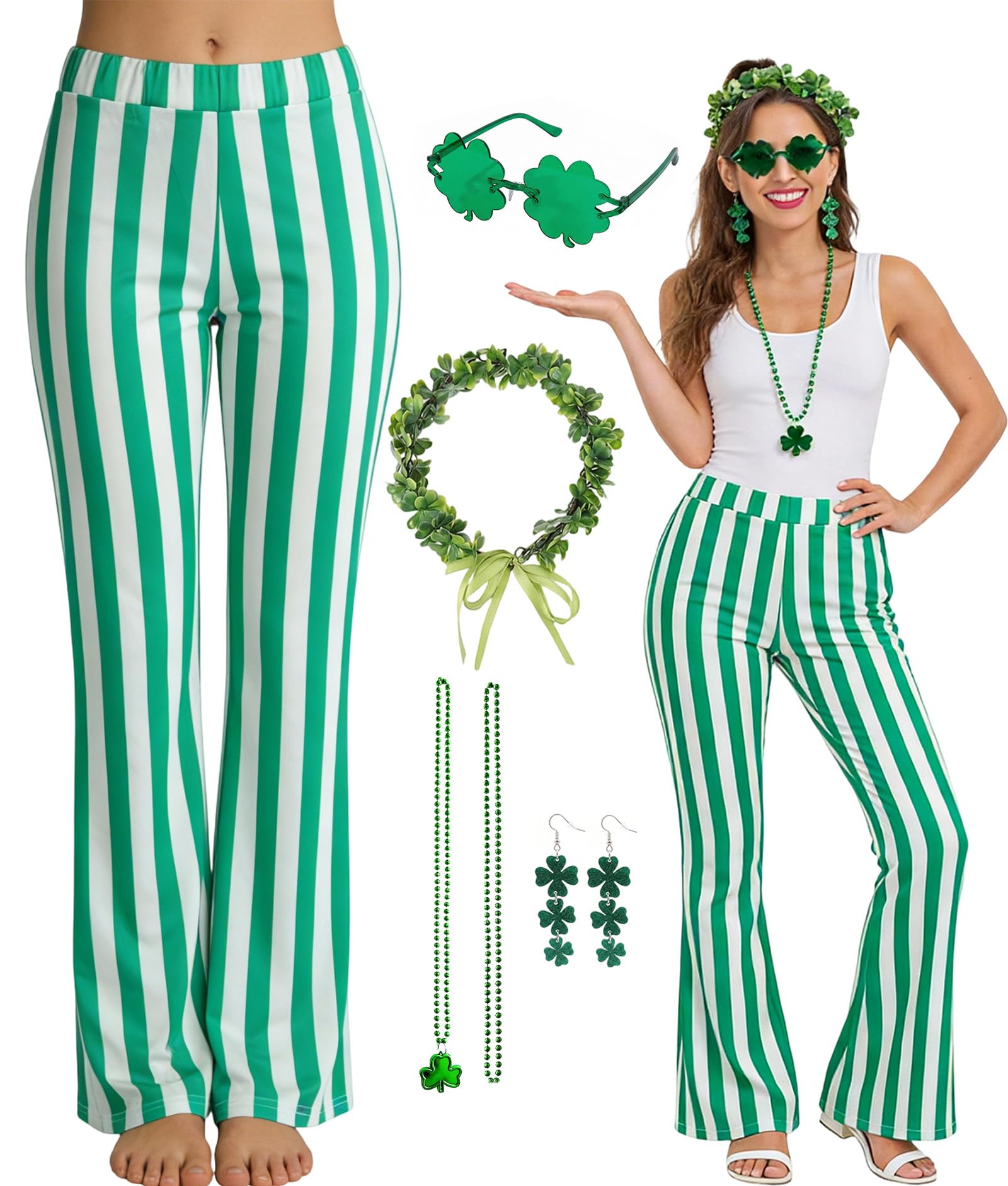 PANMAY Hippie Pants Fancy Dress 60s 70s Disco Outfit Trousers Green White Striped Flare Out Leggings Headband Glasses Necklace Earings Halloween Hippy Clothes