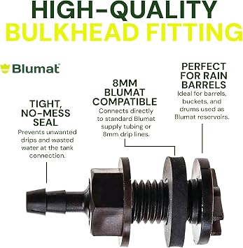 Blumat Bulkhead Fitting Universal 8mm Through-Hull Tank Connector for Reservoir and Rain Barrel Durable Fitting for Watering Systems Easy Installation and Leak Proof Design 4 Pack