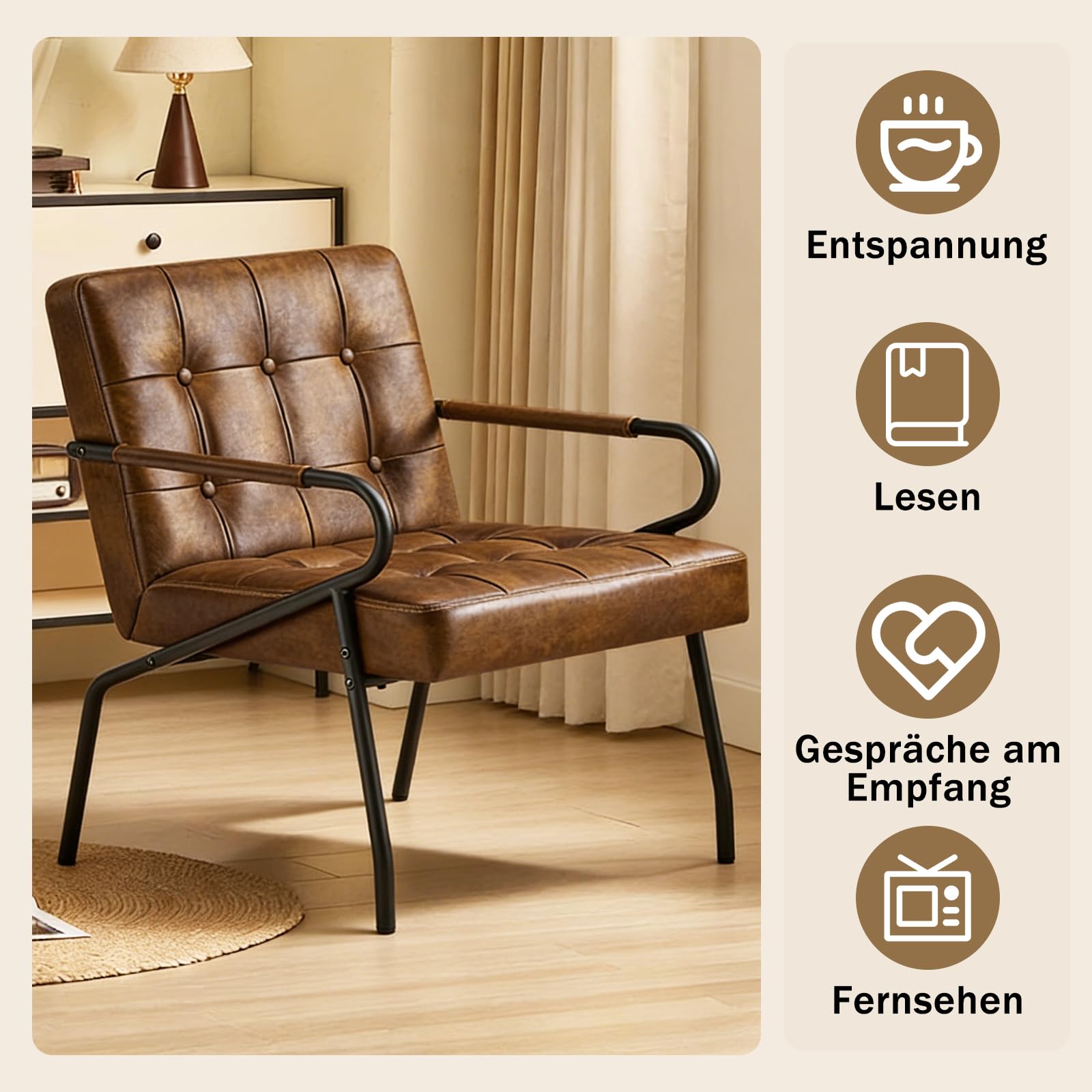 Hellove Loungesessel Wohnzimmer mit Metallbeinen, Ohrensessel Vintage PU Leder, Moderner Relaxsessel mit Gemütlicher, Bequemer Polsterstuhl Ledersessel Lesesessel für Schlafzimmer LivingRoom Braun