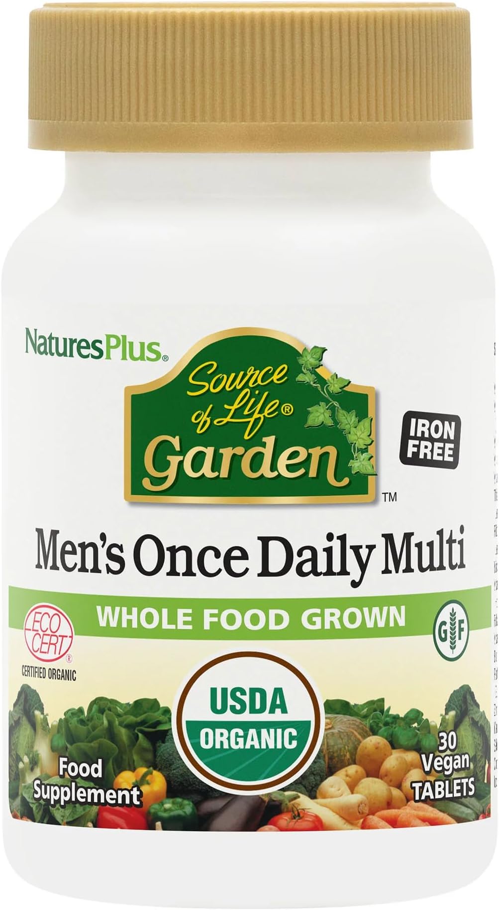 NaturesPlus Source of Life Garden Men Once a Day - Organic Vegan Multivitamin for Men - Energy, Immunity, T Booster - Zinc, Selenium, Pomegranate, Lycopene - Gluten Free - 30 Tablets