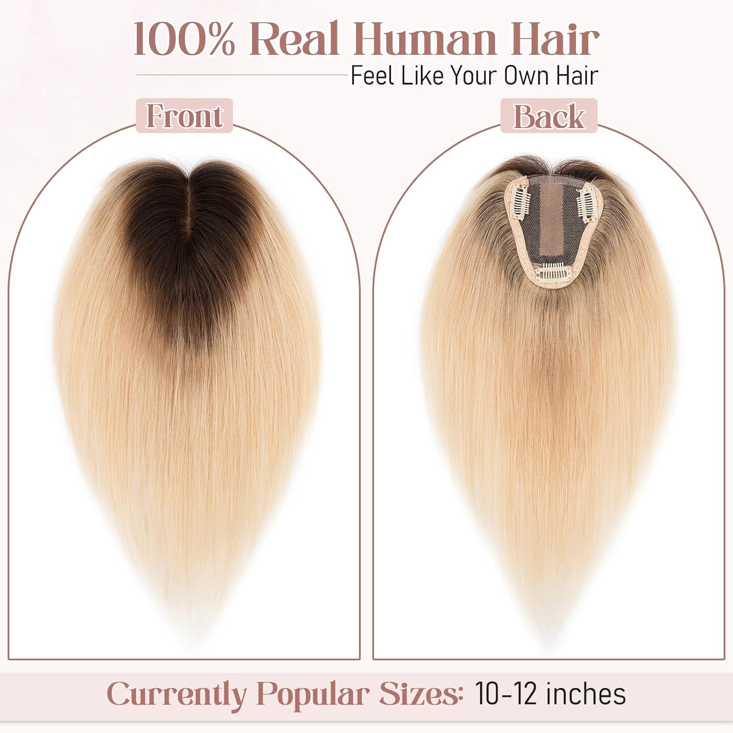 Hairro Human Hair Toppers Real Hair, Clips in 100% Human Hair Hairpieces for Women, 3.15"x3.94" Silk Base for Thinning Hair/Hair Loss/Covering Greyish Hair on Top, 12 Inch Bleach Blond with Black Root