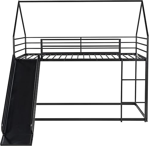 Miniatura 5 de Harper & Bright Designs Litera de metal individual sobre individual con tobogán convertible, escalera y barandilla de seguridad, litera baja de