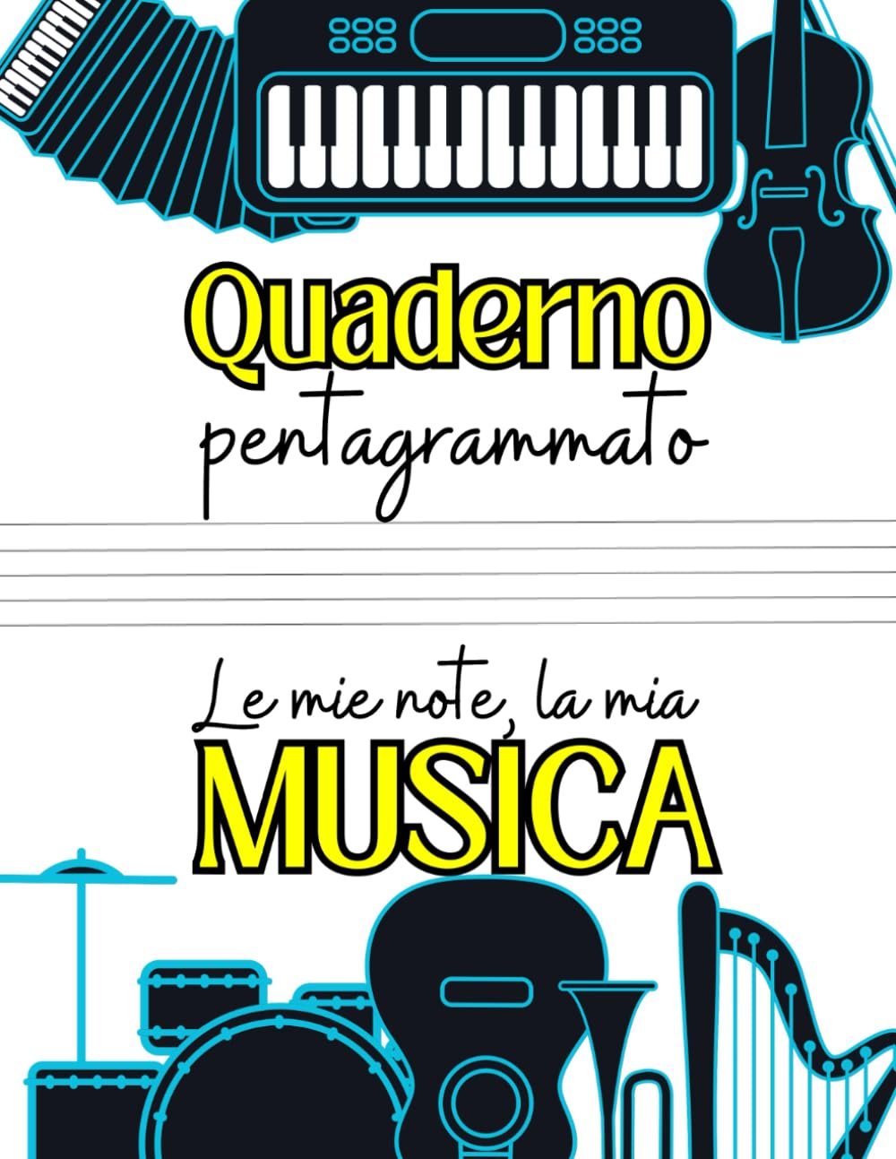 Cahier de musique à portées avec grand espace pour notes de solfège et chant, broché