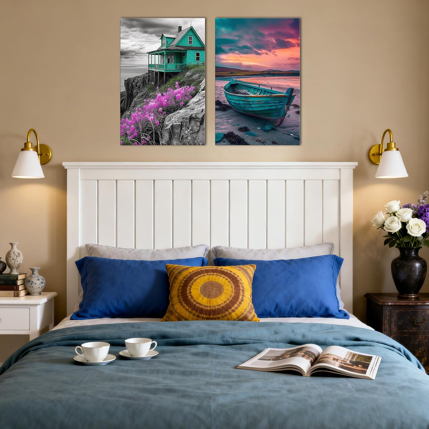 GLOKAKA 2Pcs Teal Coastal House Boat Canvas Wall Art Beach Landscape Picture Print Nautical Coastal Wall Decor for Living Room Bedroom Bathroom Home(Artwork-1,24"x36"x2pcs)