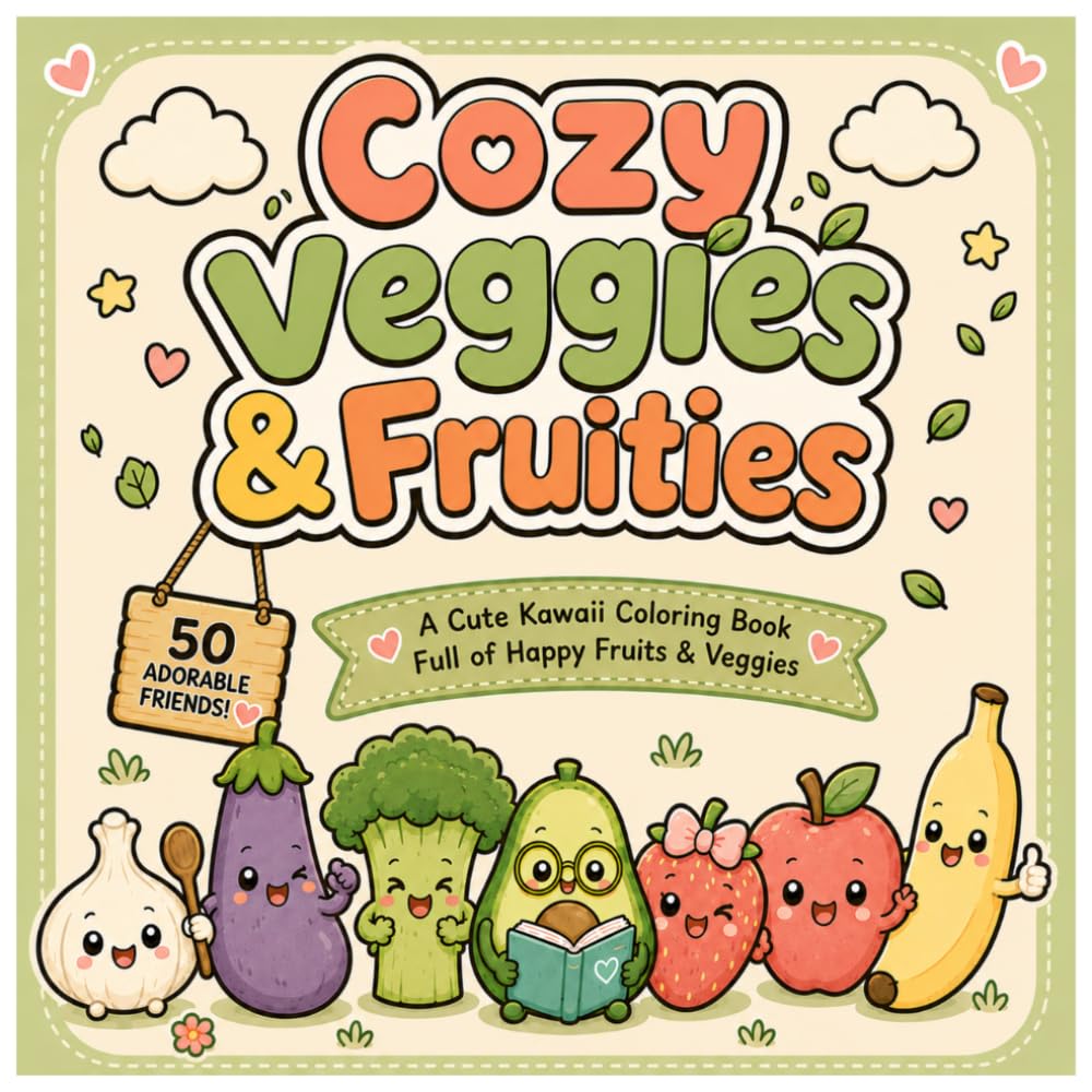 Cozy Veggies & Fruities: A Cute Kawaii Coloring Book Full of Happy Fruits & Veggies