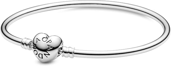 Pandora Moments Silver Logo Heart Clasp Bangle Bracelet