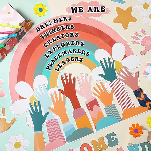 Miniatura 4 de Juego de 92 piezas de decoración de aula con texto en inglés One World Together, decoración de pared para el aula, juego de tablones de anuncios