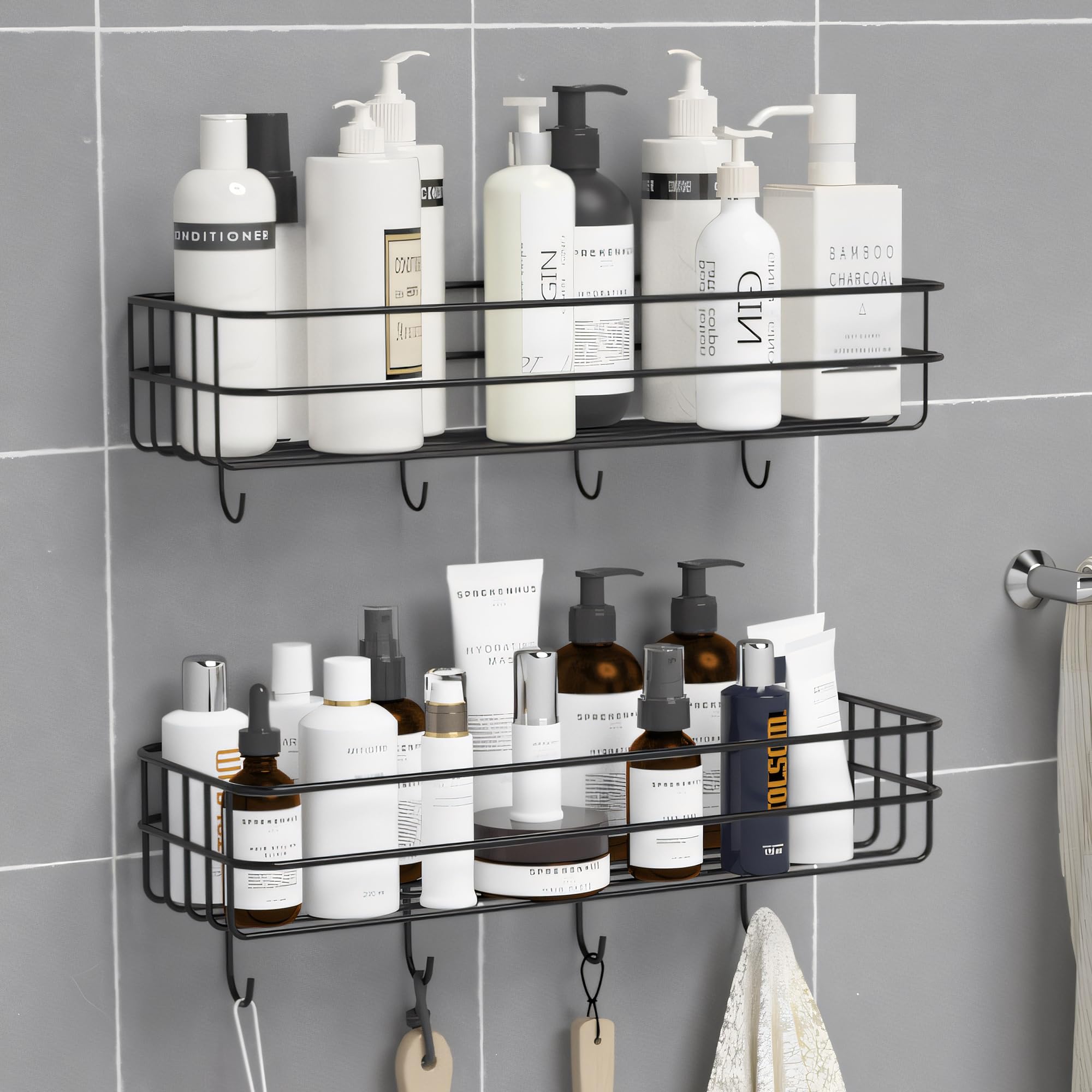 MIORAH Bathroom Accessories with Hooks | Self Adhesive Bathroom Shelf for Wall | Washroom Organiser Made of Strong Quality Metal (Black-Pack of 2) (B0D9KHG8HM) Amazon Price History, Amazon Price Tracker
